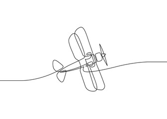 Continuous line drawing of jet plane . Flight biplane Tandem wing. The symbol of take-off in the sky.One continuous line.One continuous line is drawn on a white background. © derplan13