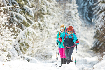 two girls with backpacks walk through the snow among the trees. winter hiking in the mountains..