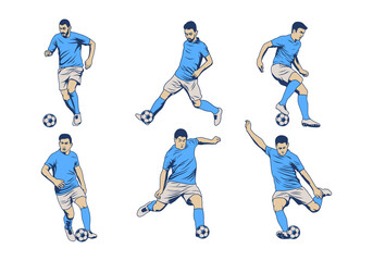 A set of vector set of football, soccer players. Soccer players illustration collection. football players kick and dribble.