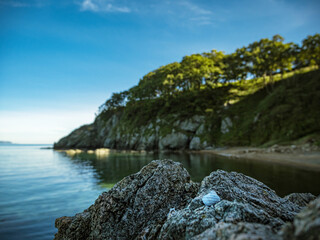 Rocky shore of Japanese sea in summer.