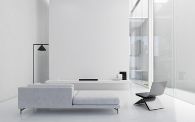 Minimal interior living room.Black and white furniture in white room.3d rendering
