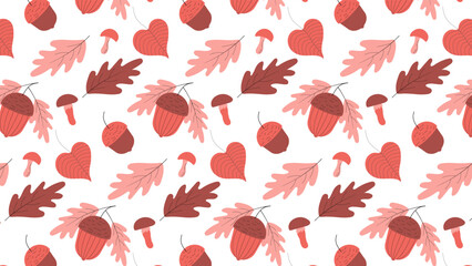Autumn seamless pattern with acorns, mushrooms and leaves