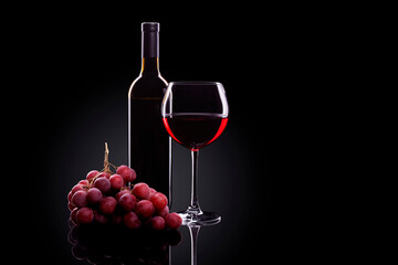 Wine glass and bottle of red wine with grape on dark background.