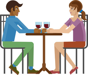 Young Couple Dinner Wine Restaurant Cartoon
