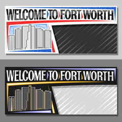 Vector layouts for Fort Worth with copy space, decorative voucher with outline illustration of modern texan city scape on day and dusk sky background, tourist card with words welcome to fort worth
