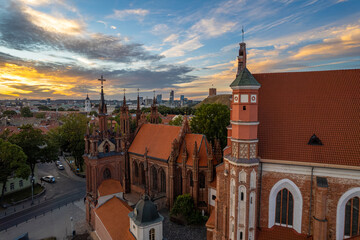 Aerial autumn beautiful sunset view of Church of St. Anne, Vilnius old town, Lithuania