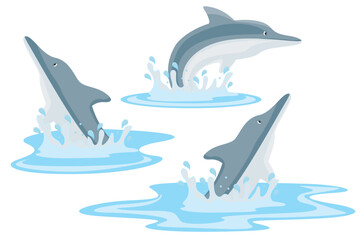 Cute dolphins set. Vector illustration of a jumping dolphin. Cute water animals