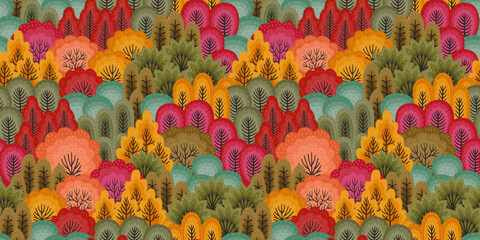 Abstract seamless pattern with autumn forest. Vector background for various surface. Hand drawn textures.