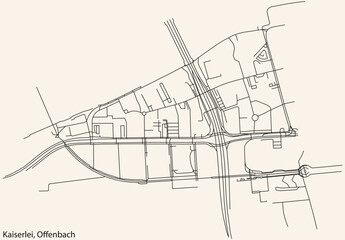 Detailed navigation black lines urban street roads map of the KAISERLEI DISTRICT of the German regional capital city of Offenbach am Main, Germany on vintage beige background