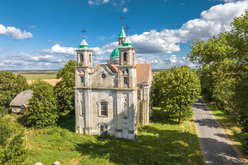 aerial view on baroque temple or catholic church in countryside