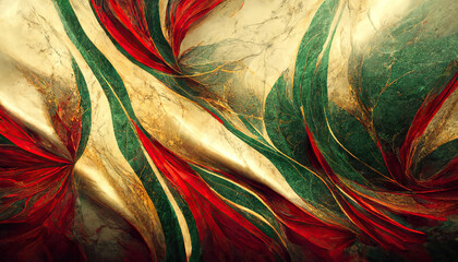 Abstract luxury marble background. Digital art marbling texture. Green,red and gold colors. Beautiful modern background texture