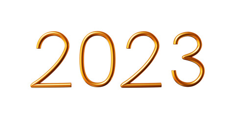Tubular 2023 text gold color on white isolated background. Luxury 2023 text for your design. 3d rendering illustration.