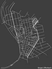 Detailed negative navigation white lines urban street roads map of the BÜRGEL DISTRICT of the German regional capital city of Offenbach am Main, Germany on dark gray background