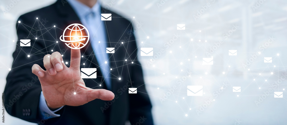 Poster e-mail and communicate concept. double exposure businessman touch email pressing for sending the e-m