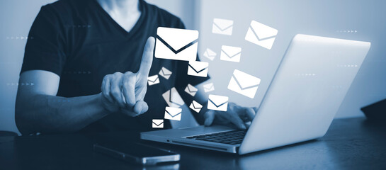 Businessman hand touch  communication icons, letter icon, email icons, and newsletter email and...
