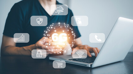 Global network connection 6G concept, laptop with Global network connection 6G with icon concept, technology network wireless systems and internet of things, new technologies coming up in the future.
