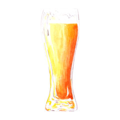 Hand drawn watercolor beer in glass on white background. Label, banner, typography, poster, scrapbook design.