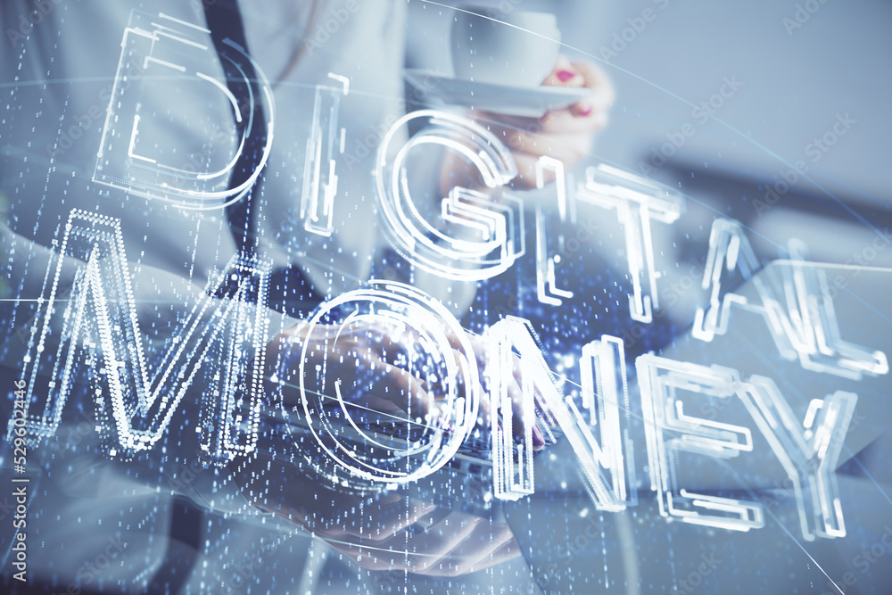 Poster double exposure of woman hands typing on computer and crypto market theme hologram drawing. blockcha