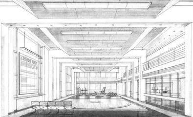 Pencil sketch of the interior of a gym. Hand drawing, illustration