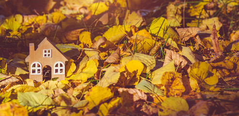 The symbol of the house stands among the fallen autumn leaves
