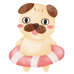 Cartoon Pug dog summer beach costume watercolor illustration 