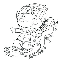 Funny girl sliding with his snowboard, Winter clipart