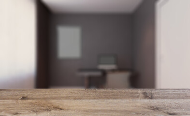 Office interior design in whire color. 3D rendering.. Mockup.. Background with empty wooden table. Flooring.