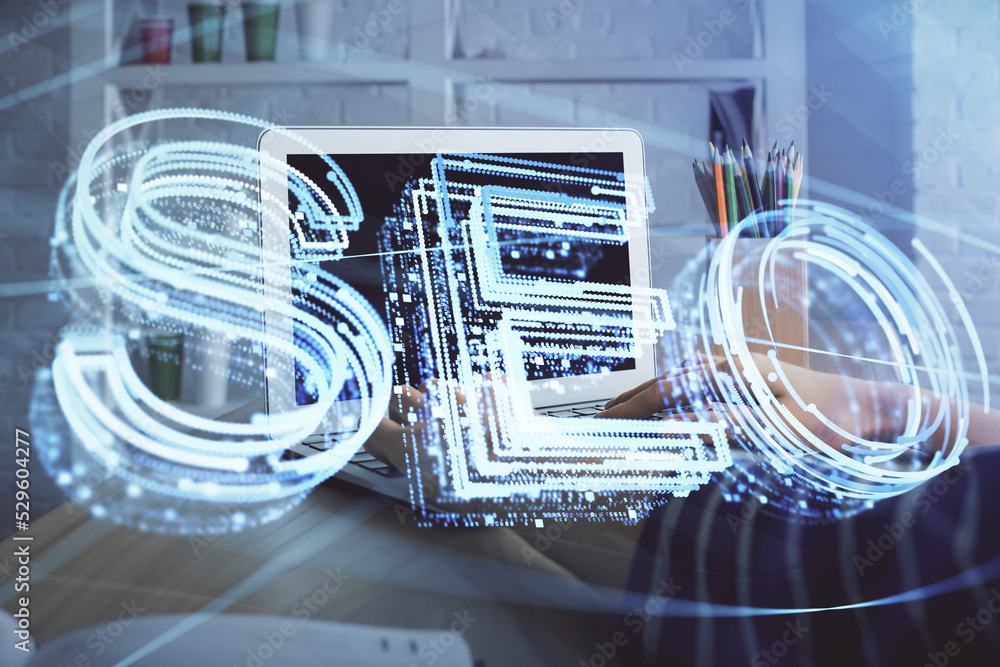 Poster double exposure of woman hands working on computer and seo hologram drawing. internet search concept