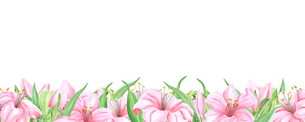 Handdrawn lily flowers banner. Watercolor pink lily on the white background. Scrapbook design, typography poster, label, banner.