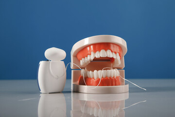 Model of a jaw with dental floss on a blue background close-up. Oral care concept