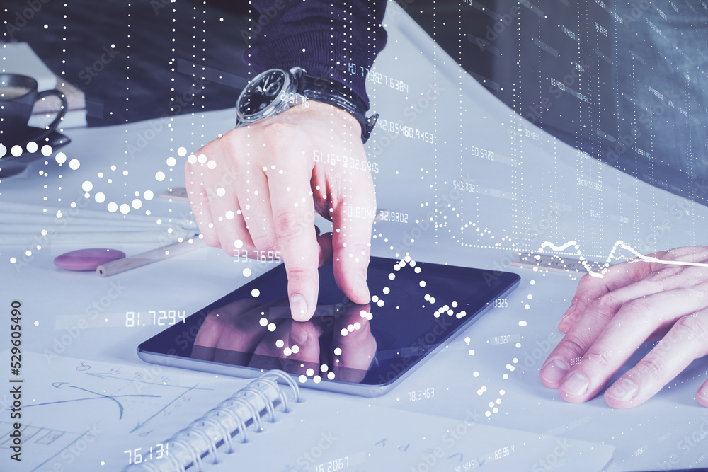 Poster double exposure of man's hand holding and using a digital device and data theme drawing. technology 