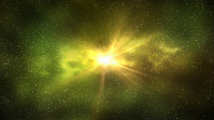 Burst of light in space. Night starry sky and bright yellow galaxy, horizontal background