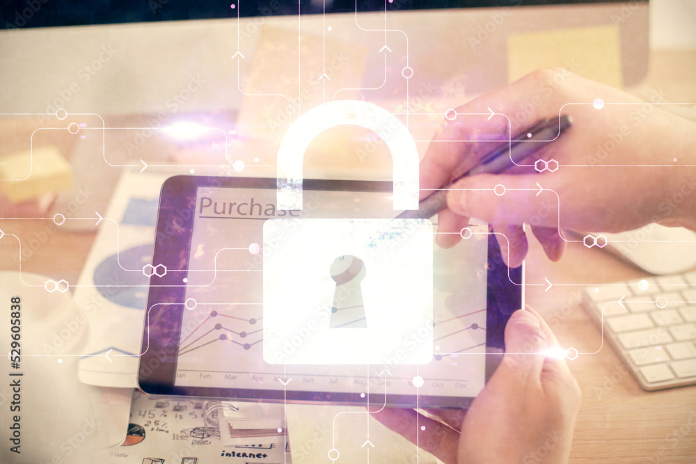 Aufkleber Multi exposure of man's hands holding and using a digital device and lock drawing. Security concept.