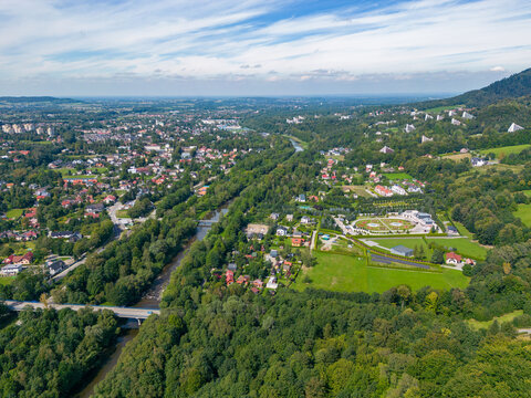 Ustron Aerial View. Scenery of the town and health resort in Ustron on the hills of the Silesian Beskids. Poland.