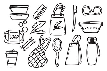 Collection of durable and reusable items or Zero Waste products - glass jars, eco-friendly grocery bags, wooden comb, toothbrush, container, thermo mug. vector illustration.Doodle style.