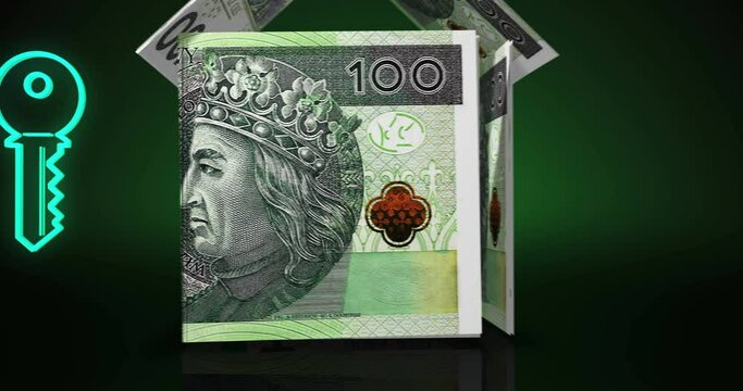 Zloty 100 PLN money banknotes paper house on the table with key and family icon. Poland currency notes 3D concept of home mortgage loan, debt, costs, liabilities and real estate wealth financing.