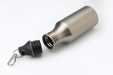 Steel water bottle on a neutral base.