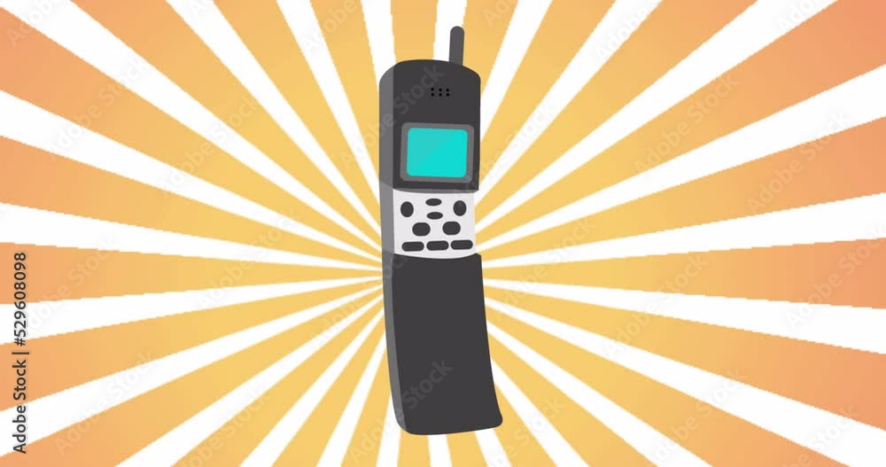 Poster animation motion loop design with an old retro hipster first mobile phone with antenna from the 90s,