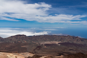 Panoramic view from the summit of volcano Pico del Teide over the island of Tenerife, Canary Islands, Spain, Europe. Vista on barren landscape, Solidified lava, ash, pumice. Atlantic Ocean sea vista