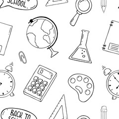 Vector school icons seamless pattern. Back to school, education, study. Doodle icons.