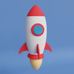 3D Rocket on blue background.