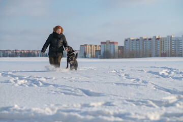 A young beautiful girl walks a purebred Labrador on a snowy field. There is artistic noise.