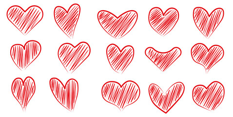 Drawings of a heart with red paint inside on a white background.