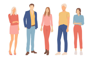 Fototapeta premium Set of young men and women, different colors, cartoon character, group of silhouettes of standing business people, students, the design concept of flat icon, isolated on white background