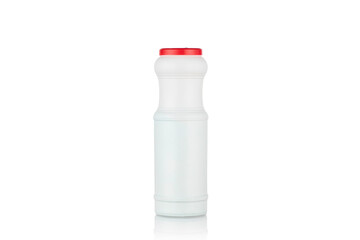 Bottle with detergent powder isolated on white background.
Cleaning product on a white background.