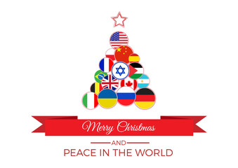 Christmas tree with national flags, world peace without wars. Vector illustration, greeting card.