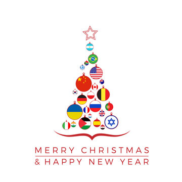 Christmas tree with national flags, world peace without wars. Vector illustration, greeting card.