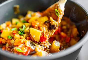 Woman cooking tasty vegetable stew in pan on kitchen