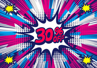 30 Percent OFF Discount on a Comics style bang shape background. Pop art comic discount promotion banners.