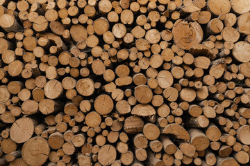 Pile of wood logs stumps. Stacks of lumber
